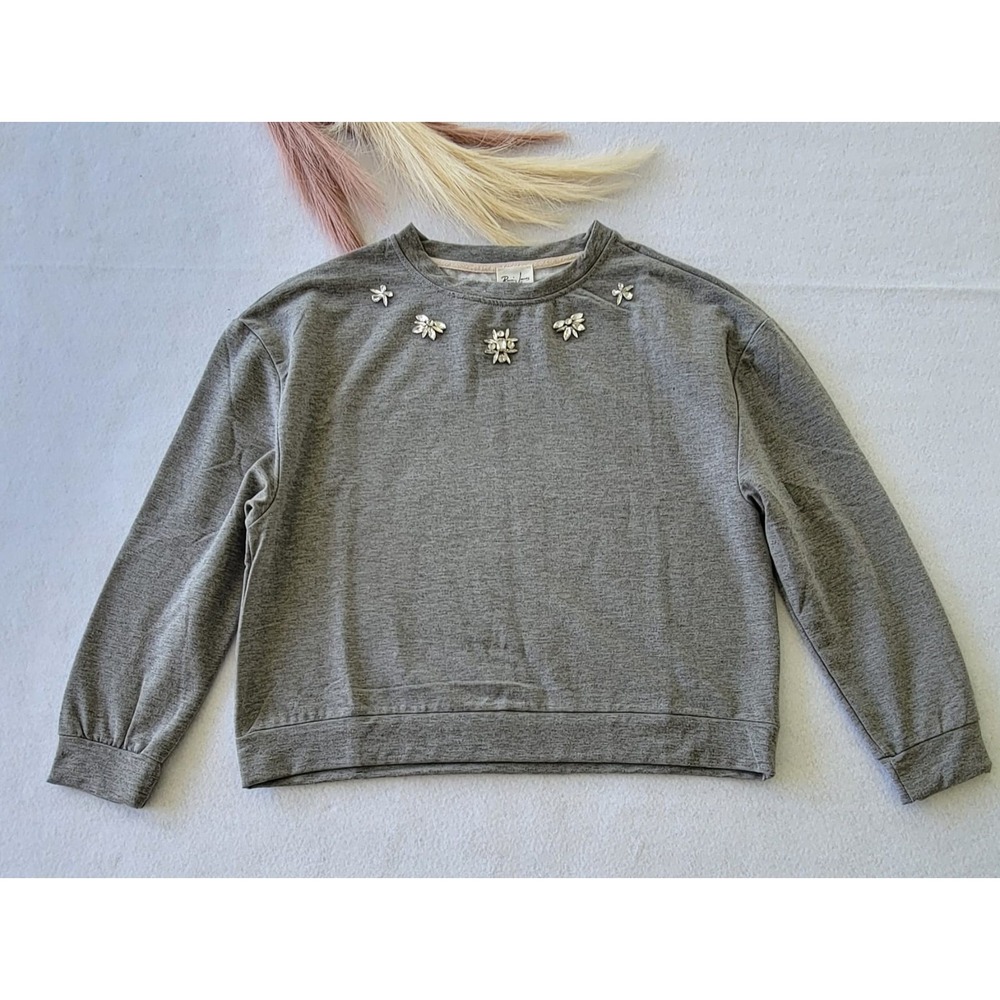 Remi JamesNYC‎ KnitLight Gray Long Sleeve Sweatshirt Rhinestone Neck Sz S-M-L XL